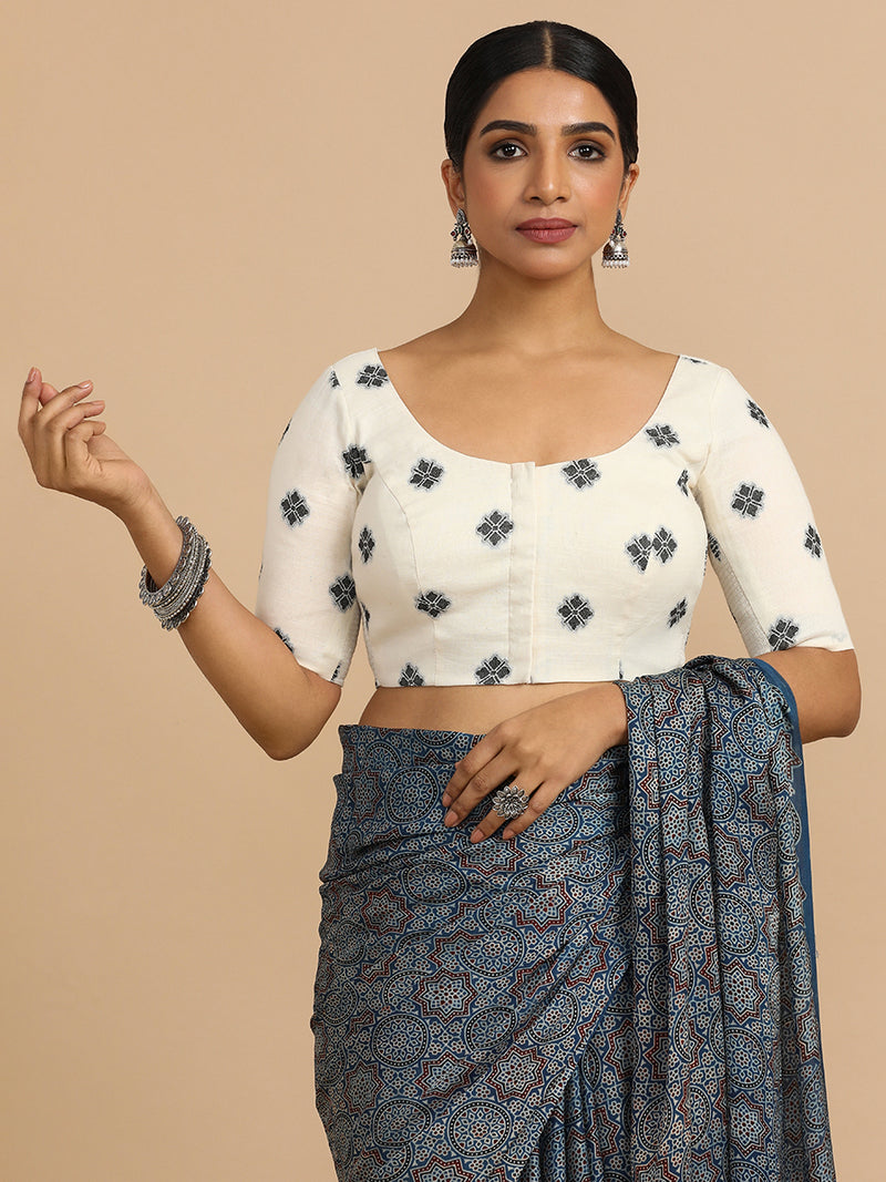 Lajita x Rozaana | Elbow Sleeves Saree Blouse in White Jacquard Cotton-Binks