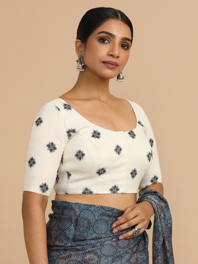 Lajita x Rozaana | Elbow Sleeves Saree Blouse in White Jacquard Cotton-Binks