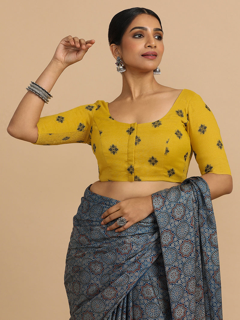 Lajita x Rozaana | Elbow Sleeves Saree Blouse in Yellow Jacquard Cotton-Binks