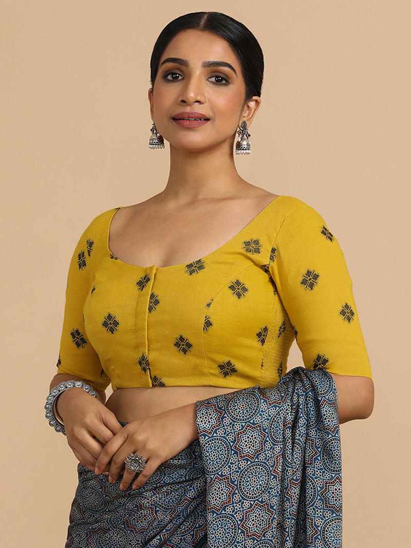 Lajita x Rozaana | Elbow Sleeves Saree Blouse in Yellow Jacquard Cotton-Binks