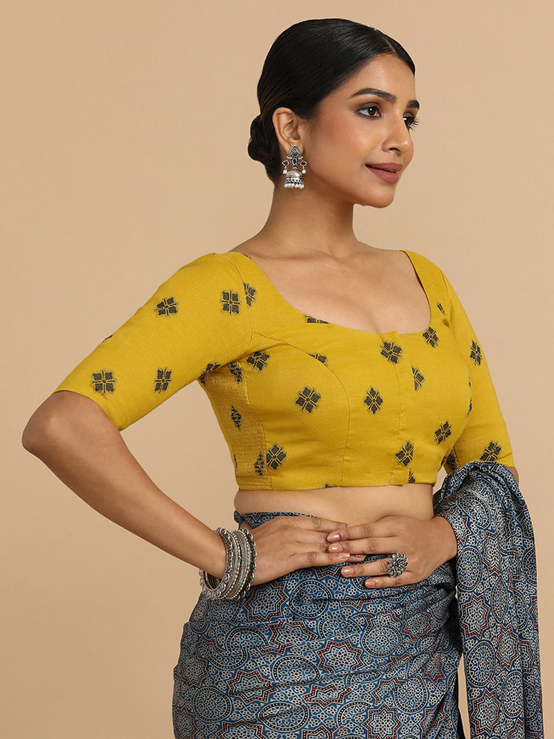 Lajita x Rozaana | Elbow Sleeves Saree Blouse in Yellow Jacquard Cotton-Binks