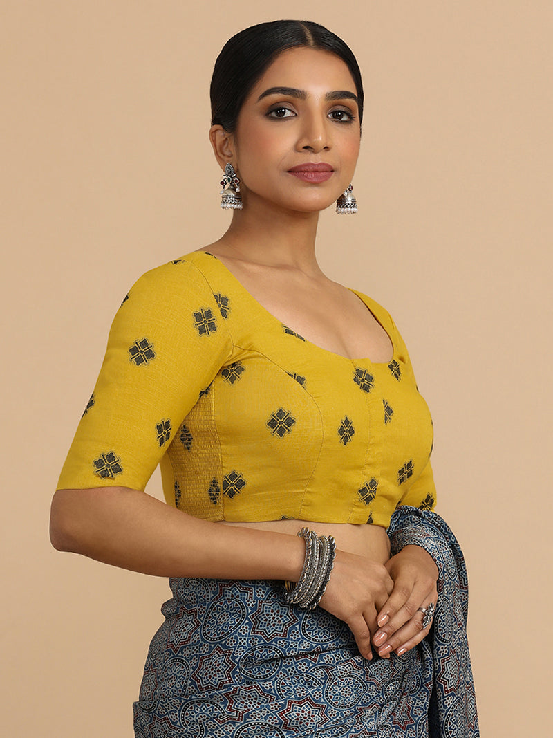 Lajita x Rozaana | Elbow Sleeves Saree Blouse in Yellow Jacquard Cotton-Binks