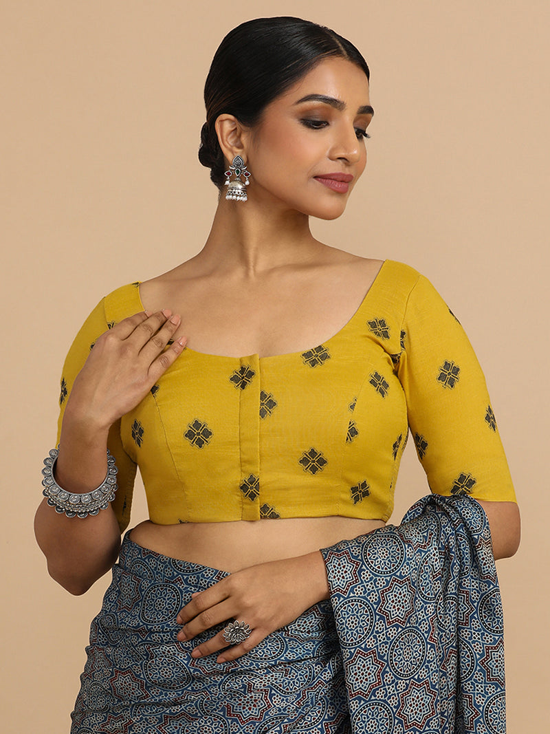 Lajita x Rozaana | Elbow Sleeves Saree Blouse in Yellow Jacquard Cotton-Binks
