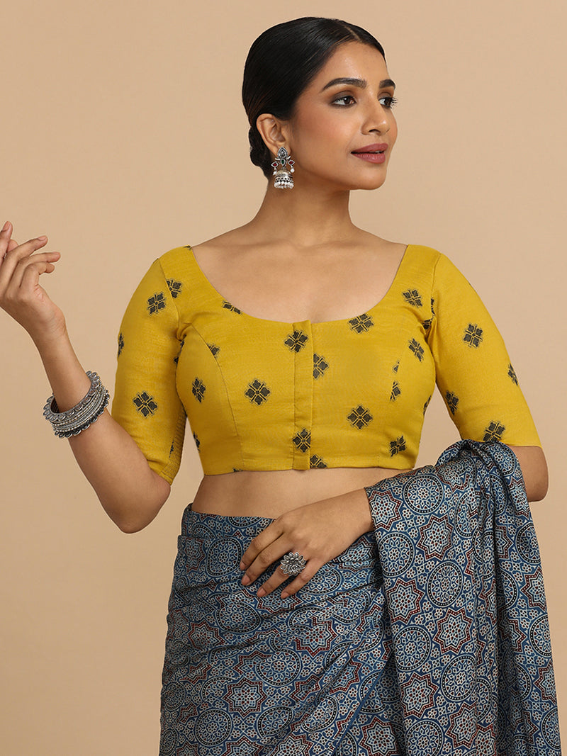 Lajita x Rozaana | Elbow Sleeves Saree Blouse in Yellow Jacquard Cotton-Binks