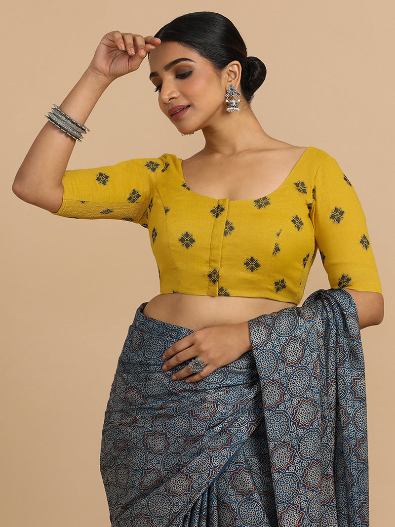 Lajita x Rozaana | Elbow Sleeves Saree Blouse in Yellow Jacquard Cotton-Binks