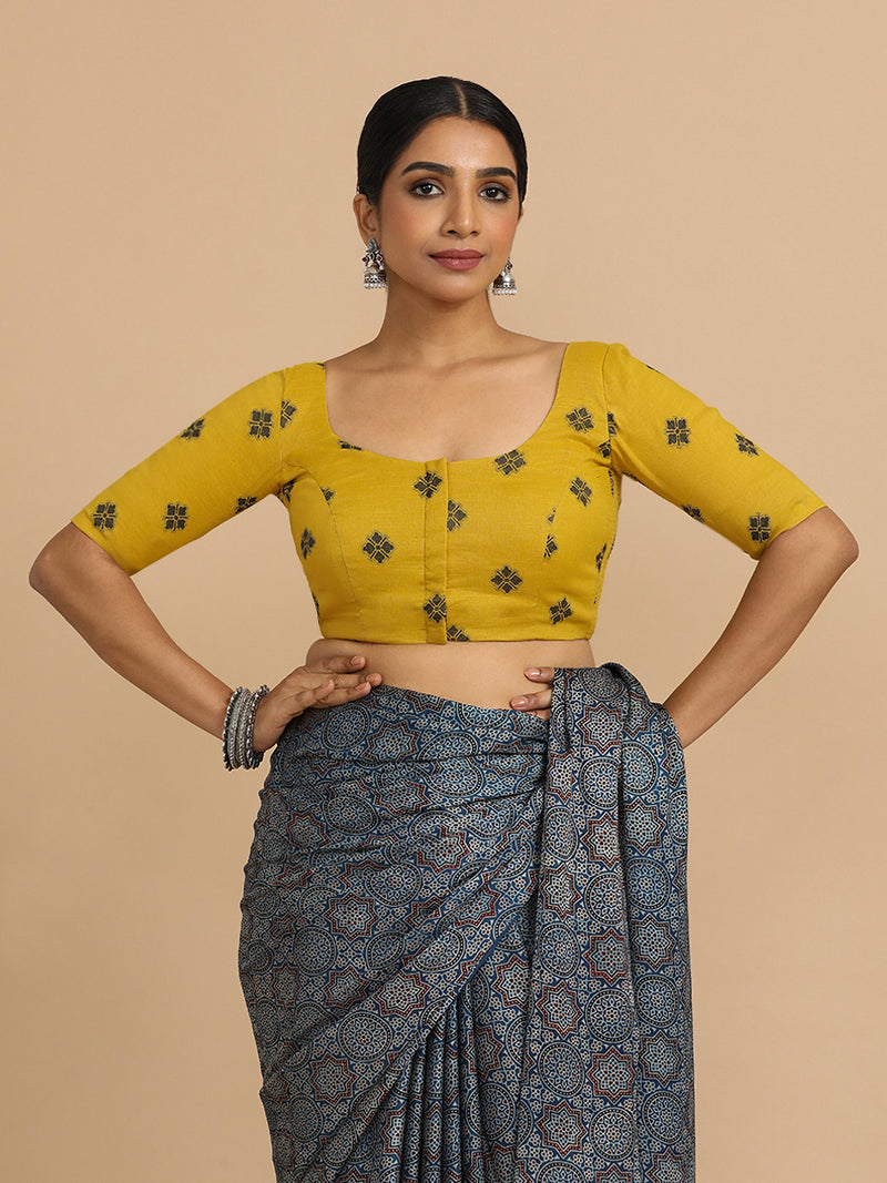 Lajita x Rozaana | Elbow Sleeves Saree Blouse in Yellow Jacquard Cotton-Binks