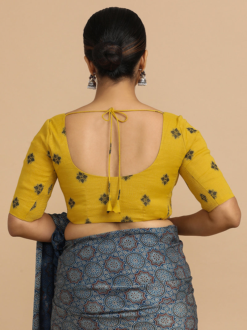 Lajita x Rozaana | Elbow Sleeves Saree Blouse in Yellow Jacquard Cotton-Binks