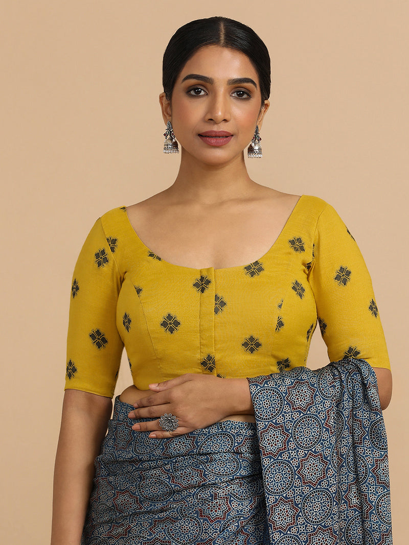Lajita x Rozaana | Elbow Sleeves Saree Blouse in Yellow Jacquard Cotton-Binks