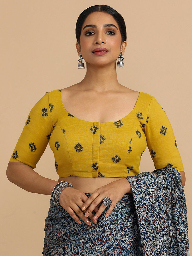 Lajita x Rozaana | Elbow Sleeves Saree Blouse in Yellow Jacquard Cotton-Binks