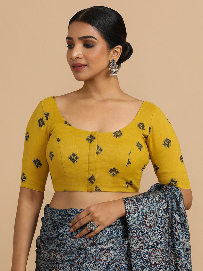Lajita x Rozaana | Elbow Sleeves Saree Blouse in Yellow Jacquard Cotton-Binks