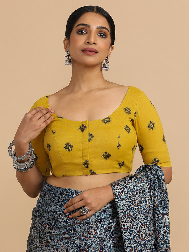 Lajita x Rozaana | Elbow Sleeves Saree Blouse in Yellow Jacquard Cotton-Binks