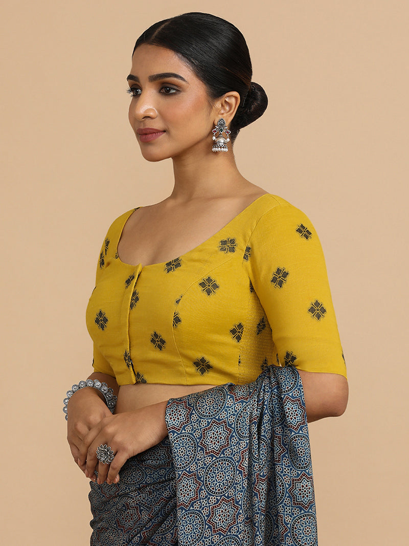 Lajita x Rozaana | Elbow Sleeves Saree Blouse in Yellow Jacquard Cotton-Binks