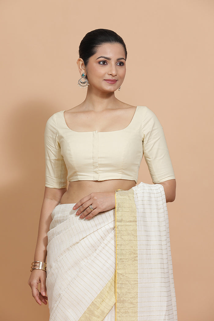 Lalita x Rozaana | Elbow Sleeves Saree Blouse in Chalk White Linen-Binks