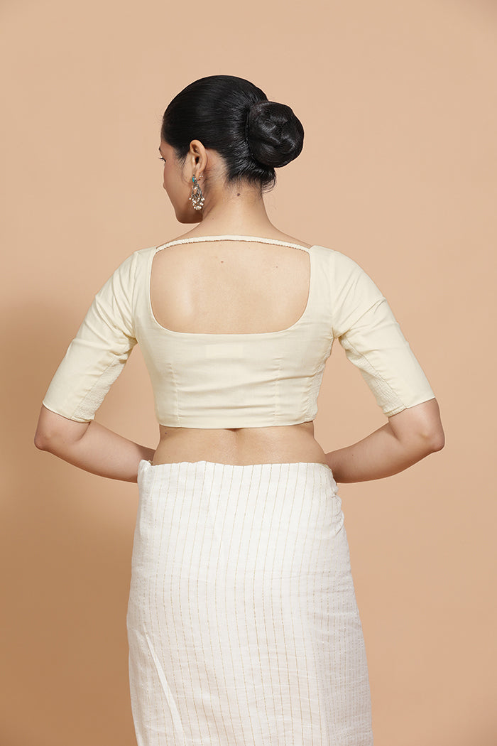 Lalita x Rozaana Saree Blouse, in White Linen, featuring elbow sleeves and scoop neckline, made for daily & work (view 2).