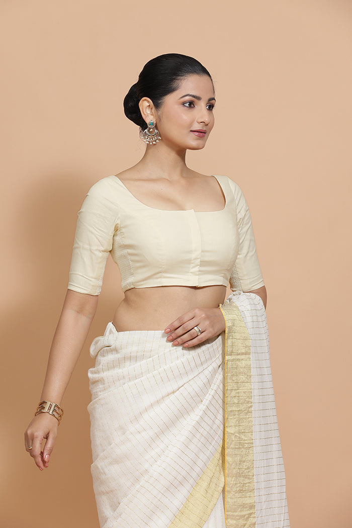 Lalita x Rozaana Saree Blouse, in White Linen, featuring elbow sleeves and scoop neckline, made for daily & work (view 6).