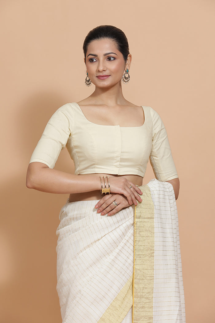 Lalita x Rozaana Saree Blouse, in White Linen, featuring elbow sleeves and scoop neckline, made for daily & work (view 8).