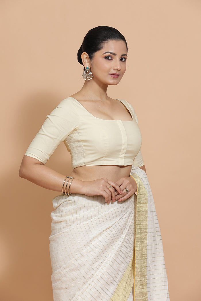 Lalita x Rozaana | Elbow Sleeves Saree Blouse in Chalk White Linen-Binks