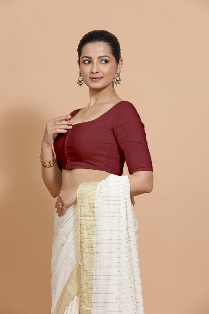 Lalita x Rozaana | Elbow Sleeves Saree Blouse in Cranberry Red Linen-Binks