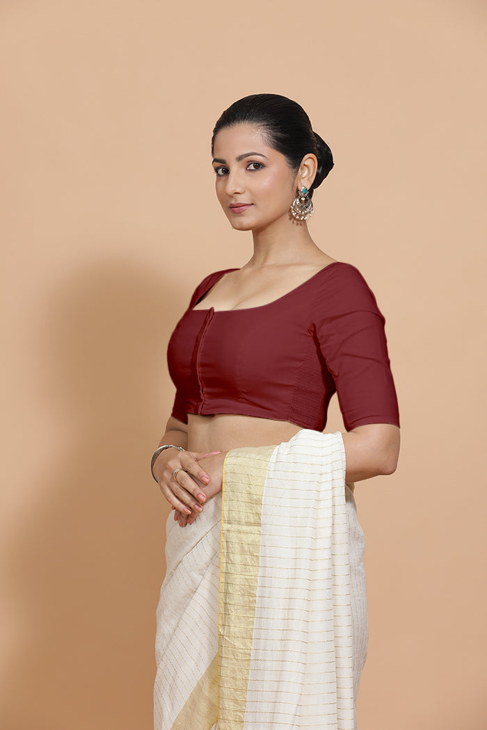 Lalita x Rozaana | Elbow Sleeves Saree Blouse in Cranberry Red Linen-Binks