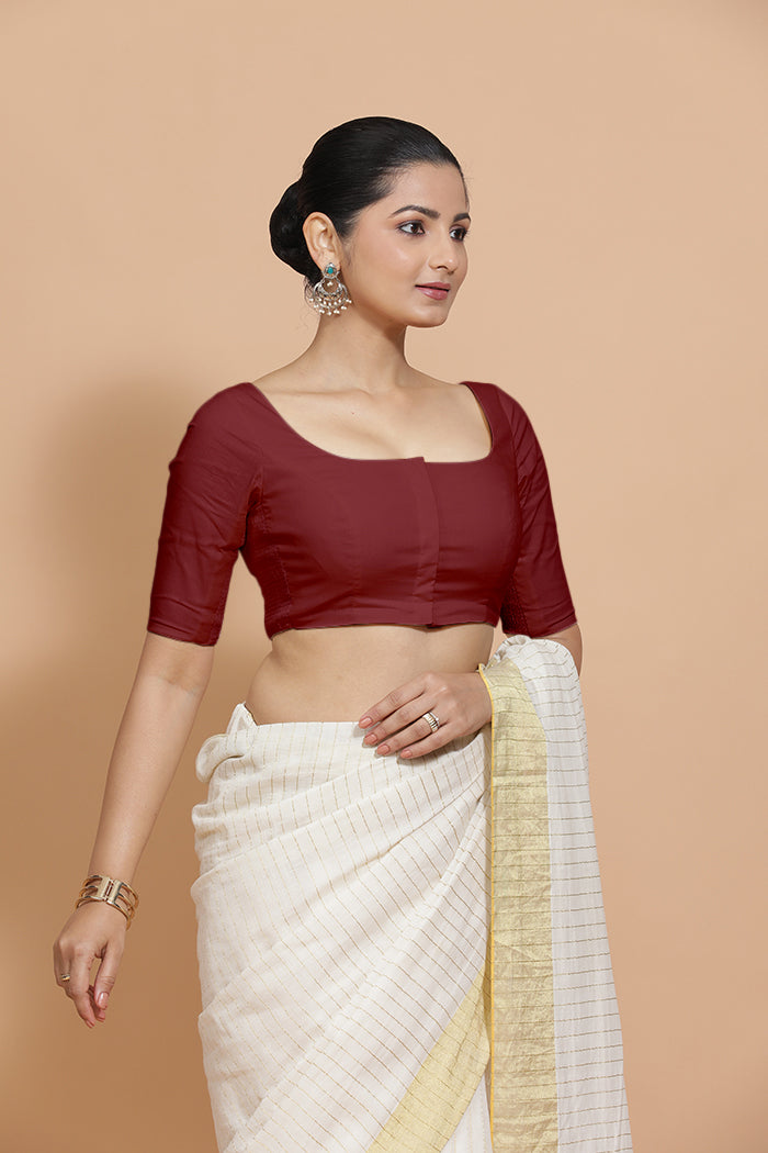 Lalita x Rozaana | Elbow Sleeves Saree Blouse in Cranberry Red Linen-Binks