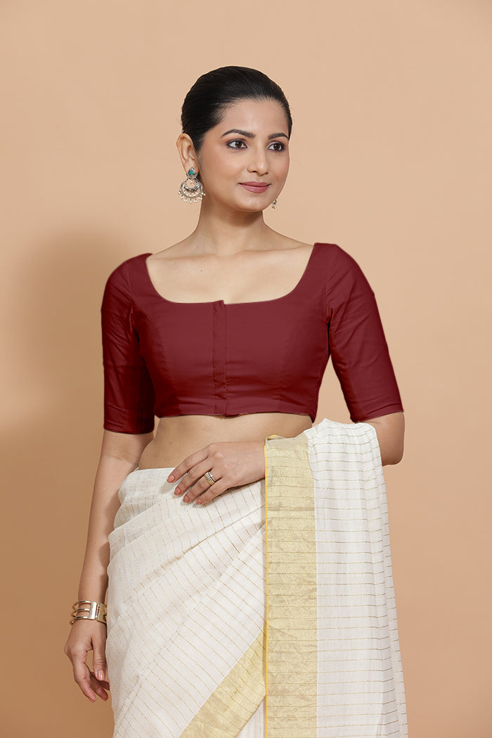 Lalita x Rozaana | Elbow Sleeves Saree Blouse in Cranberry Red Linen-Binks