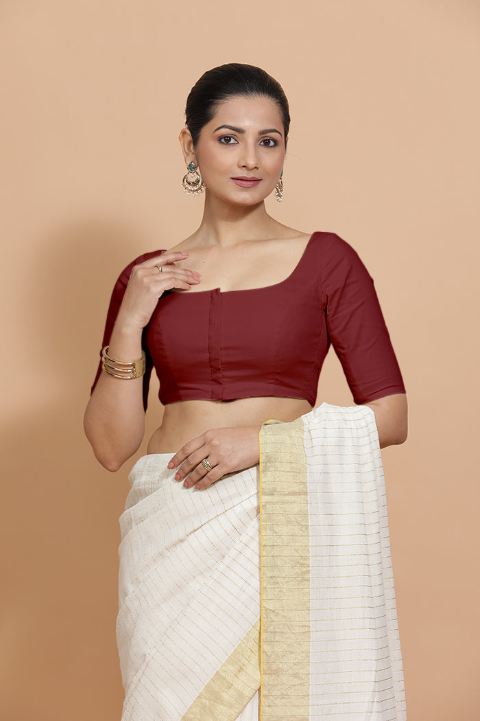Lalita x Rozaana | Elbow Sleeves Saree Blouse in Cranberry Red Linen-Binks