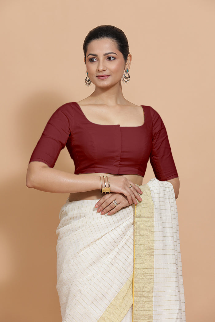 Lalita x Rozaana | Elbow Sleeves Saree Blouse in Cranberry Red Linen-Binks