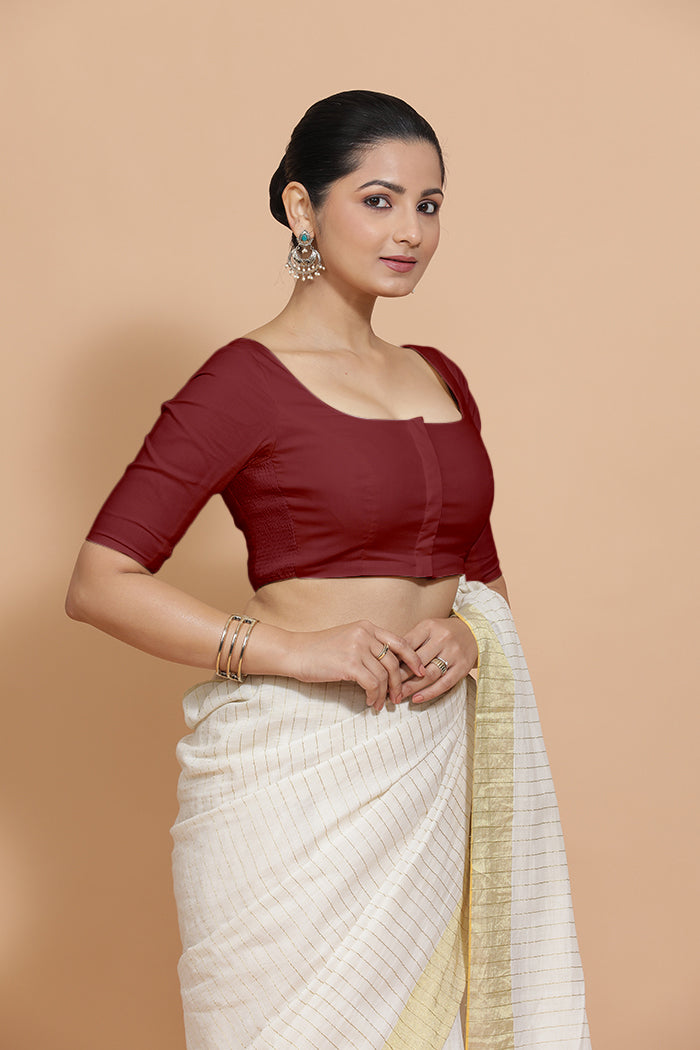 Lalita x Rozaana | Elbow Sleeves Saree Blouse in Cranberry Red Linen-Binks