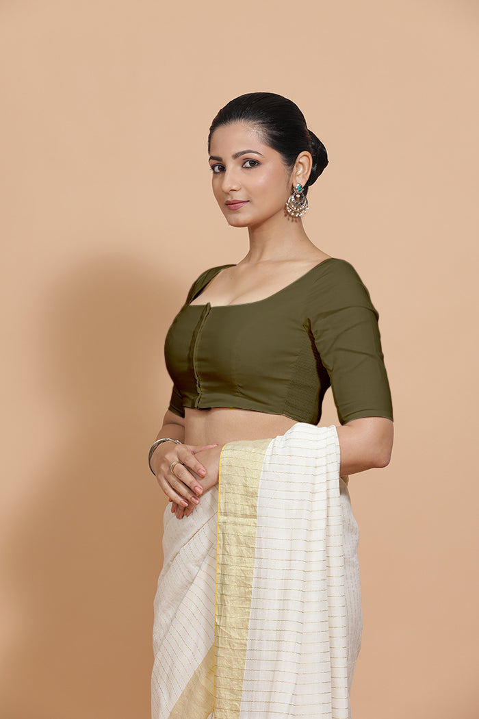 Lalita x Rozaana | Elbow Sleeves Saree Blouse in Deep Olive Green Linen-Binks