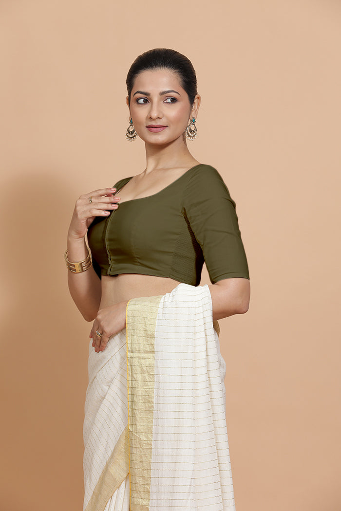 Lalita x Rozaana Saree Blouse, in Green Linen, featuring elbow sleeves and scoop neckline, made for daily & work (view 5).