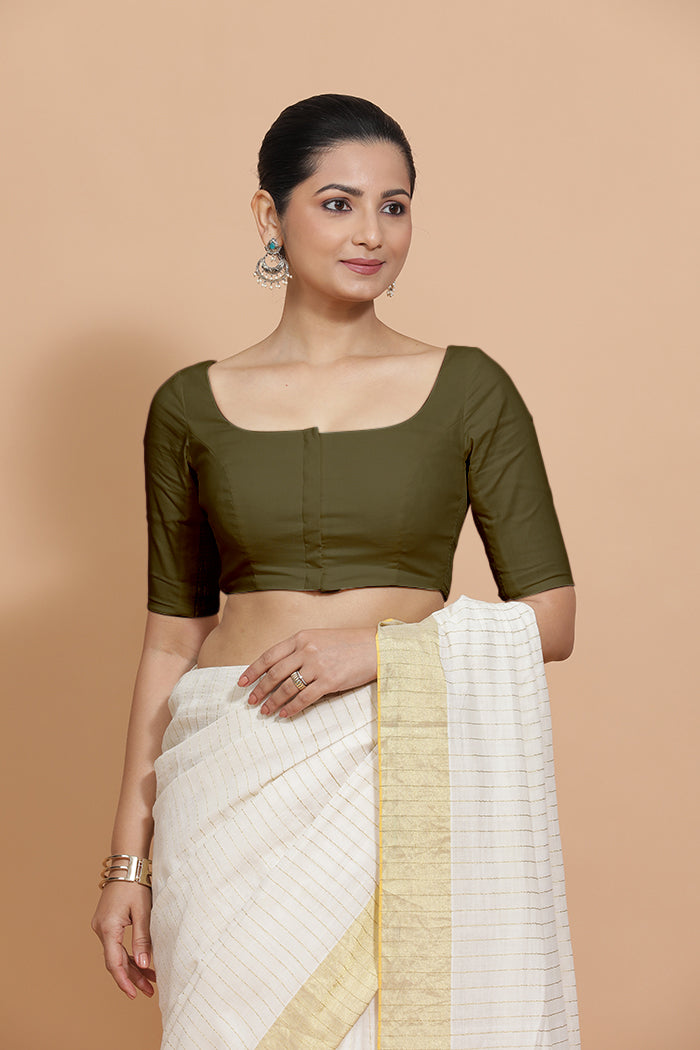 Lalita x Rozaana Saree Blouse, in Green Linen, featuring elbow sleeves and scoop neckline, made for daily & work (view 6).