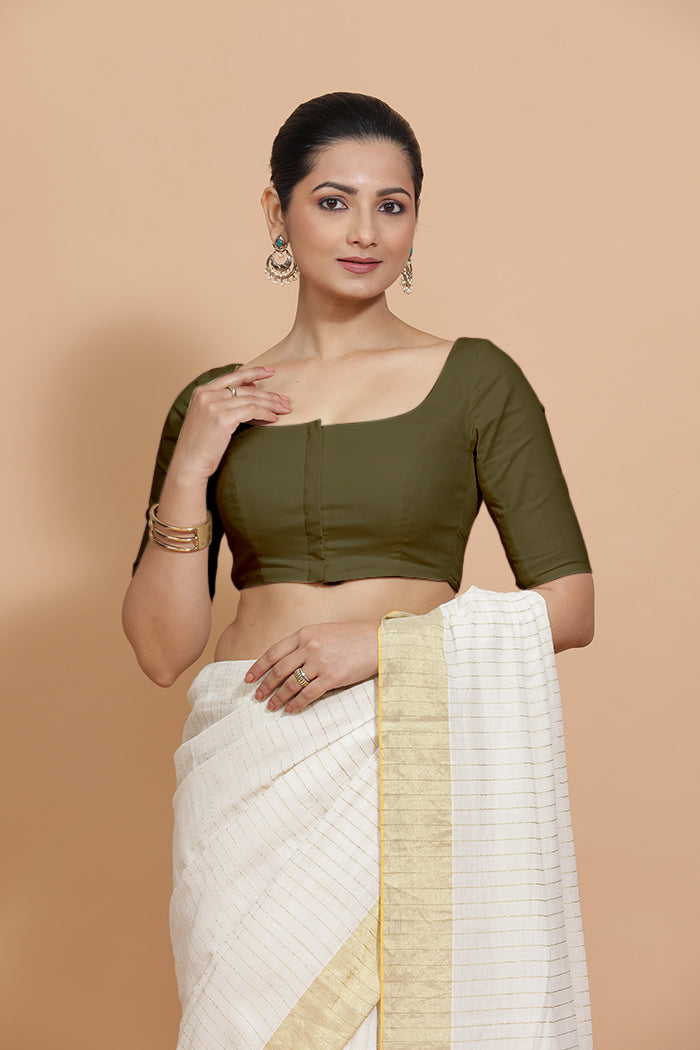 Lalita x Rozaana Saree Blouse, in Green Linen, featuring elbow sleeves and scoop neckline, made for daily & work (view 7).