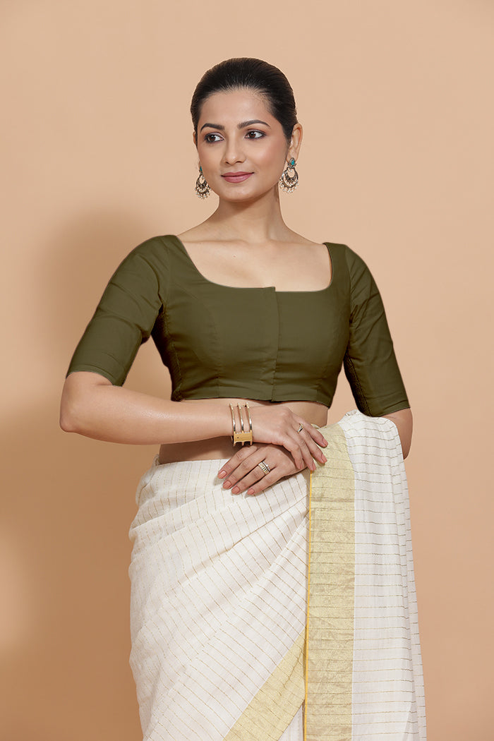 Lalita x Rozaana Saree Blouse, in Green Linen, featuring elbow sleeves and scoop neckline, made for daily & work (view 8).