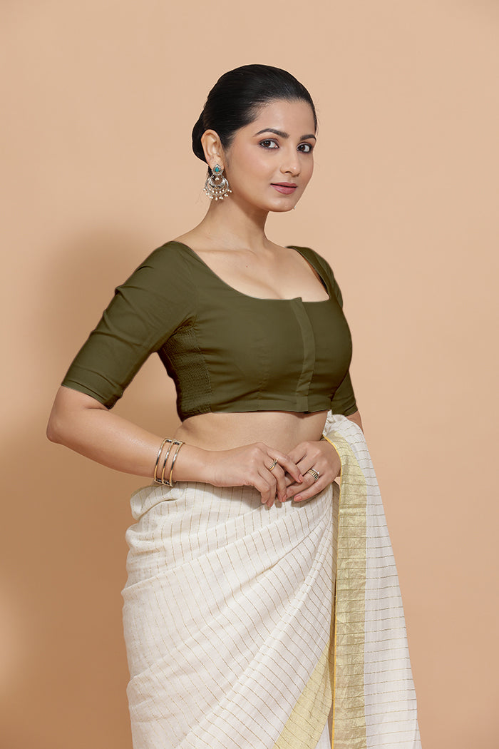 Lalita x Rozaana | Elbow Sleeves Saree Blouse in Deep Olive Green Linen-Binks
