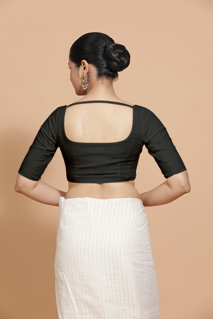 Lalita x Rozaana Saree Blouse, in Black Linen, featuring elbow sleeves and scoop neckline, made for daily & work (view 2).