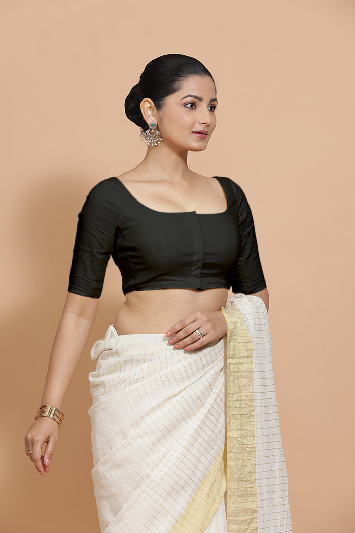Lalita x Rozaana Saree Blouse, in Black Linen, featuring elbow sleeves and scoop neckline, made for daily & work (view 7).