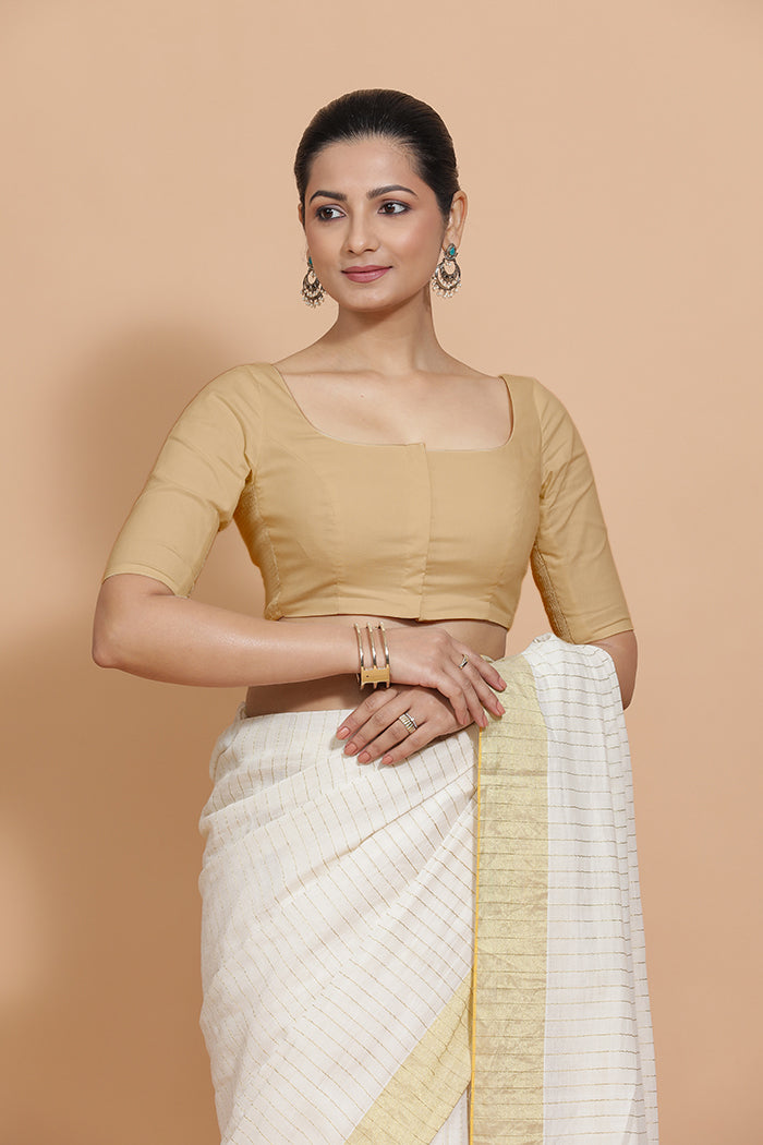 Lalita x Rozaana | Elbow Sleeves Saree Blouse in Ecru Beige Linen-Binks