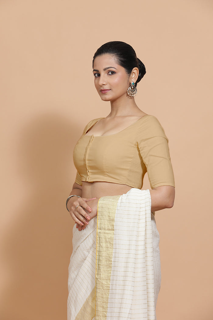 Lalita x Rozaana | Elbow Sleeves Saree Blouse in Ecru Beige Linen-Binks