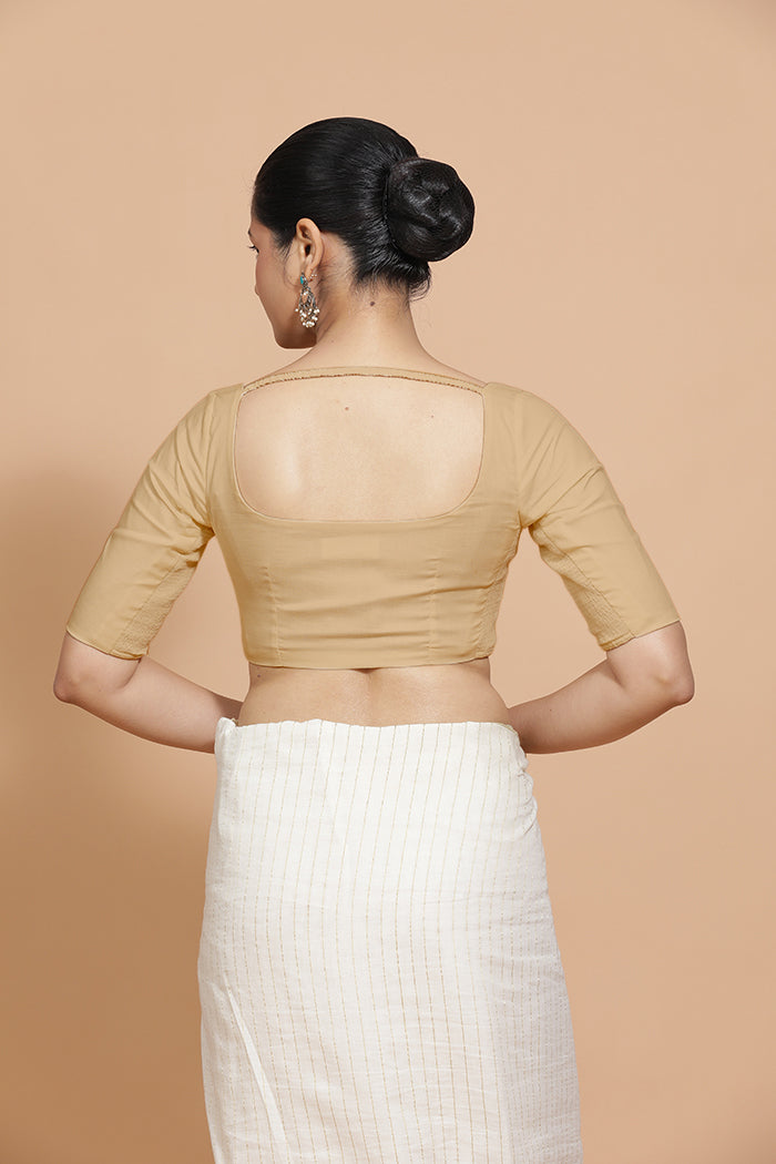 Lalita x Rozaana Saree Blouse, in Beige Linen, featuring elbow sleeves and scoop neckline, made for daily & work (view 2).
