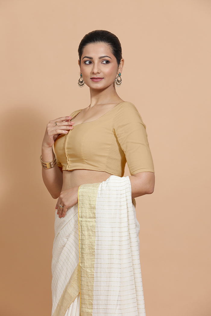 Lalita x Rozaana Saree Blouse, in Beige Linen, featuring elbow sleeves and scoop neckline, made for daily & work (view 5).