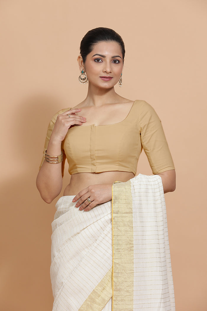 Lalita x Rozaana Saree Blouse, in Beige Linen, featuring elbow sleeves and scoop neckline, made for daily & work (view 8).