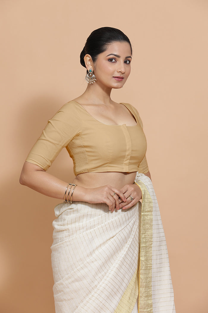 Lalita x Rozaana | Elbow Sleeves Saree Blouse in Ecru Beige Linen-Binks