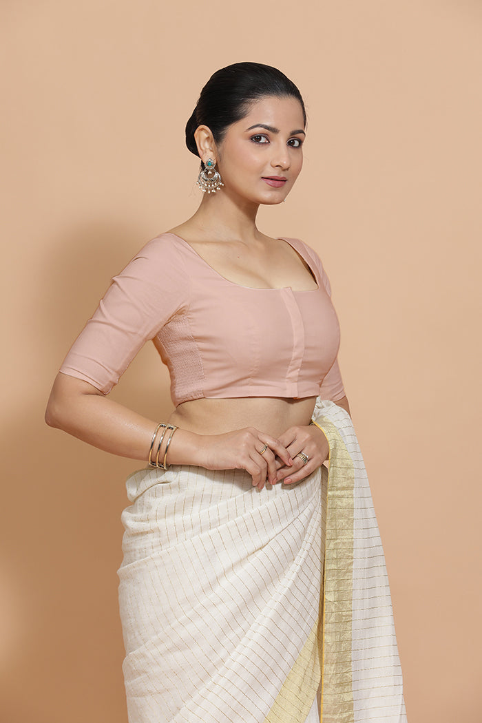 Lalita x Rozaana Saree Blouse, in Pink Linen, featuring elbow sleeves and scoop neckline, made for daily & work.