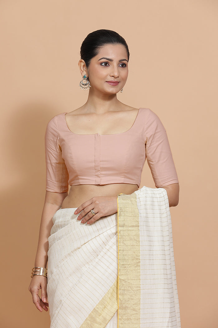Lalita x Rozaana | Elbow Sleeves Saree Blouse in Misty Pink Linen-Binks