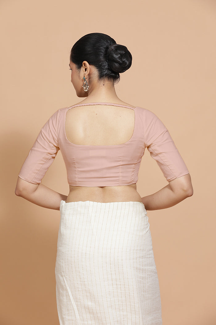Lalita x Rozaana Saree Blouse, in Pink Linen, featuring elbow sleeves and scoop neckline, made for daily & work (view 2).