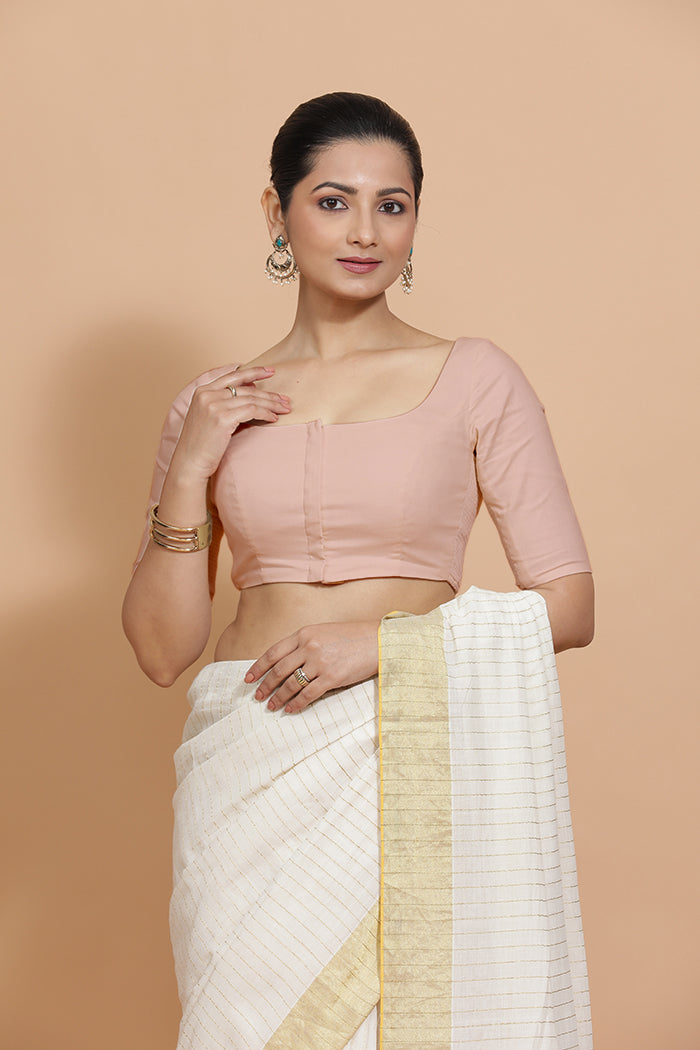 Lalita x Rozaana Saree Blouse, in Pink Linen, featuring elbow sleeves and scoop neckline, made for daily & work (view 7).