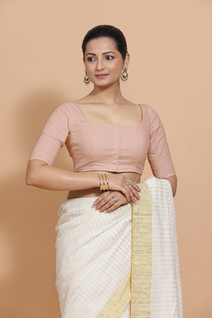Lalita x Rozaana Saree Blouse, in Pink Linen, featuring elbow sleeves and scoop neckline, made for daily & work (view 8).