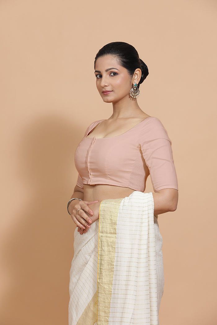 Lalita x Rozaana | Elbow Sleeves Saree Blouse in Misty Pink Linen-Binks