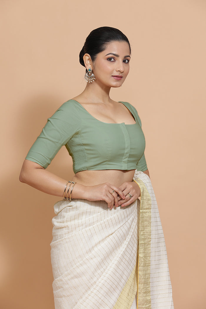 Lalita x Rozaana | Elbow Sleeves Saree Blouse in Peppermint Green Linen-Binks