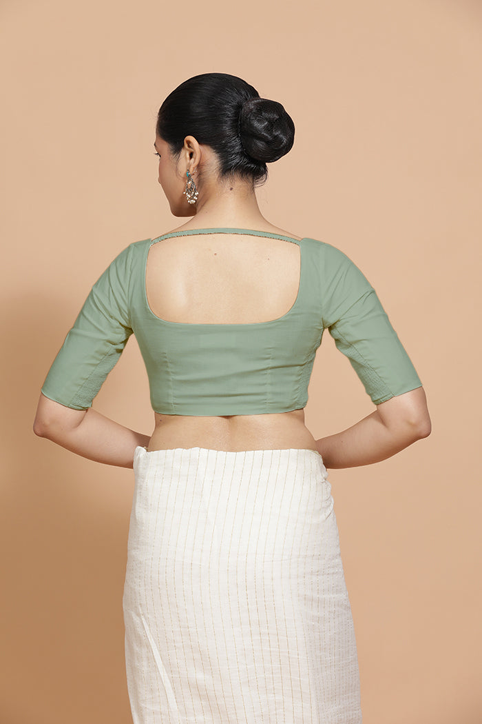 Lalita x Rozaana Saree Blouse, in Green Linen, featuring elbow sleeves and scoop neckline, made for daily & work (view 2).